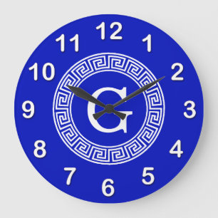 Royal Blue Wt Greek Key Rnd Frame Initial Monogram Large Clock