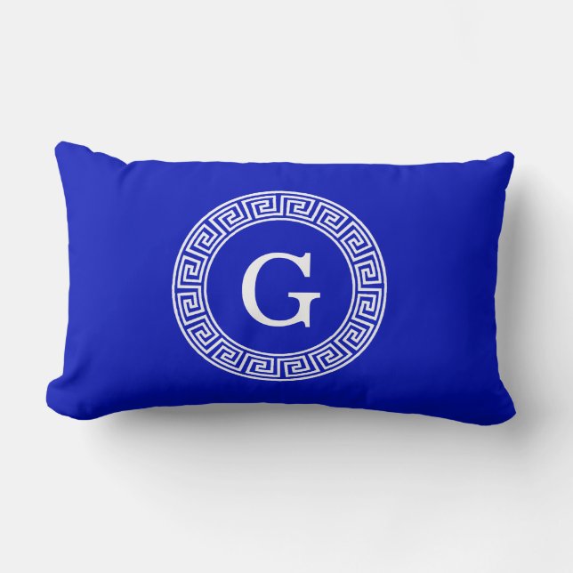 Royal Blue Wt Greek Key Rnd Frame Initial Monogram Lumbar Cushion (Front)