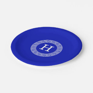 Royal Blue Wt Greek Key Rnd Frame Initial Monogram Paper Plate