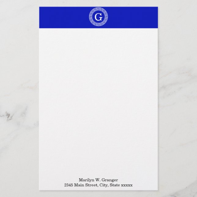 Royal Blue Wt Greek Key Rnd Frame Initial Monogram Stationery (Front)