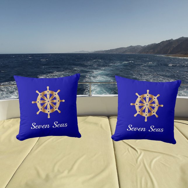 Royal blue yacht boat name gold steering wheel cushion (Creator Uploaded)