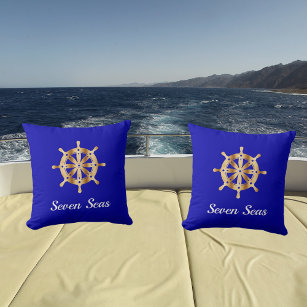 Royal blue yacht boat name gold steering wheel cushion