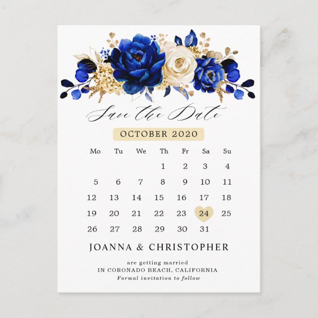 Royal Blue Yellow Gold Calendar Save the Date Postcard (Front)