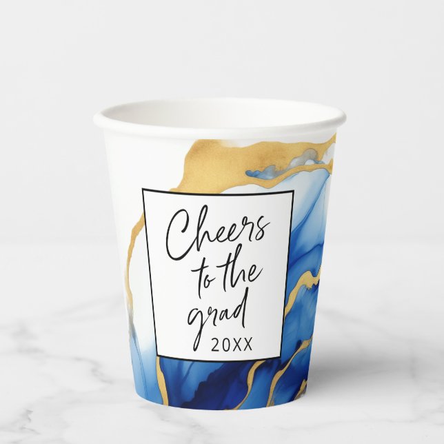 Royal Blue Yellow Gold Cheers to Grad Graduation Paper Cups (Front)