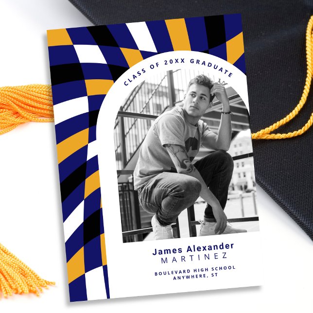 Royal Blue Yellow Gold Chequered Photo Graduation Announcement (Creator Uploaded)