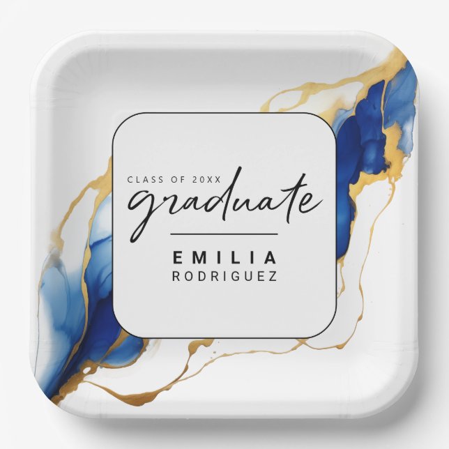 Royal Blue Yellow Gold Elegant Minimal Graduation Paper Plate (Front)