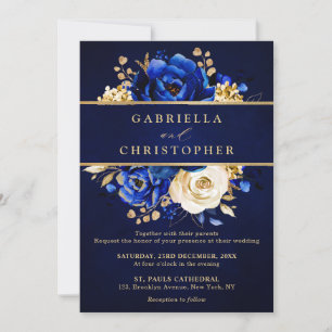 Royal Blue Yellow Gold Floral Bridal Shower Invita Invitation