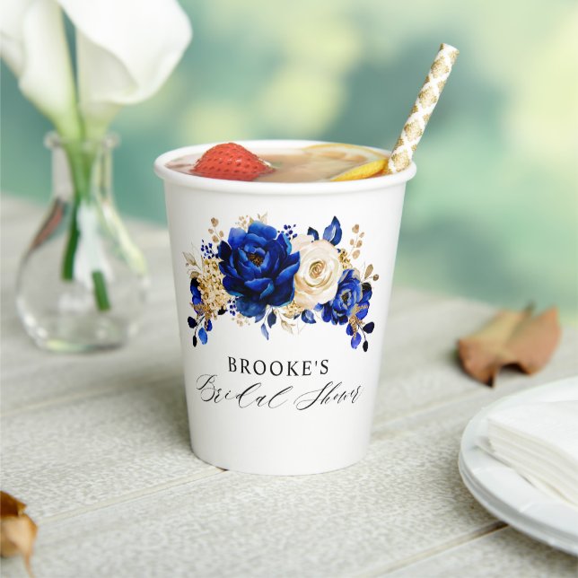 Royal Blue Yellow Gold Floral Bridal Shower Paper Cups (Insitu)
