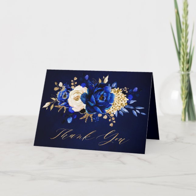 Royal Blue Yellow Gold Floral Bridal Shower Thank  You Card (Front)