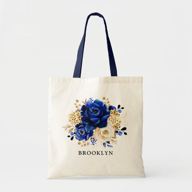 Royal Blue Yellow Gold Floral Bridesmaid gift Tote Bag (Front)
