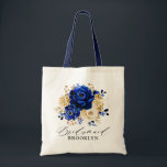 Royal Blue Yellow Gold Floral Bridesmaid gift Tote Bag<br><div class="desc">Elegant royal blue gold theme bridesmaid gift tote bag featuring elegant bouquet of royal blue,  Navy,  gold,  yellow  colour rose flowers buds and eucalyptus leaves. Please contact me for any help in customisation or if you need any other product with this design.</div>
