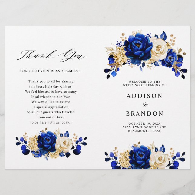 Royal Blue Yellow Gold Floral Wedding Program (Front)
