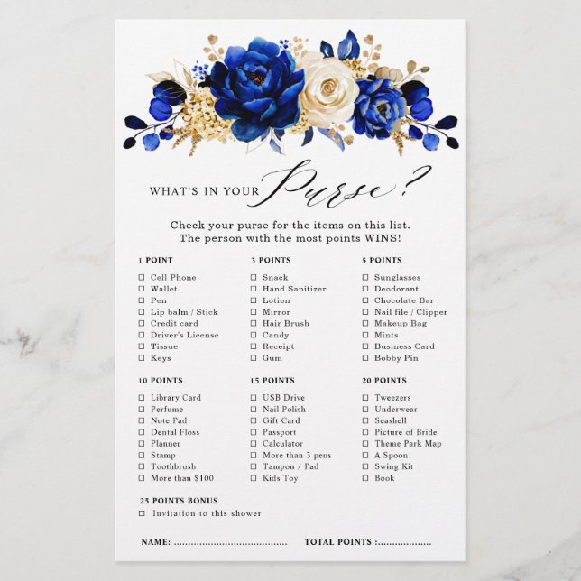 Royal Blue Yellow Gold Metallic Bridal Shower Game (Front)