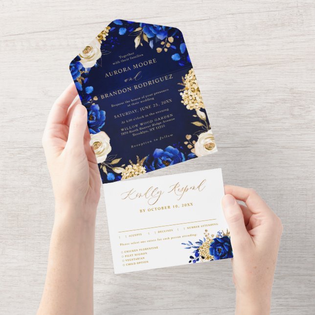 Royal Blue Yellow Gold Metallic Floral Wedding All In One Invitation (Tearaway)