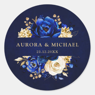Royal Blue Yellow Gold Metallic Floral Wedding Cla Classic Round Sticker