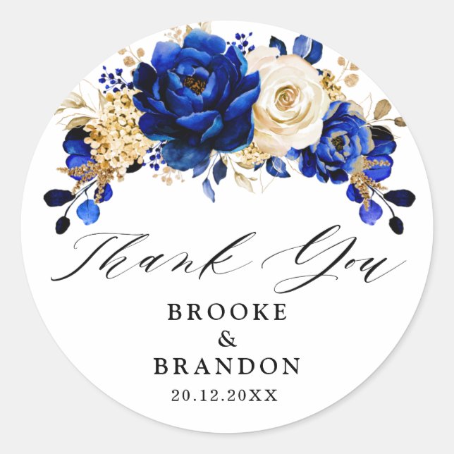 Royal Blue Yellow Gold Metallic Floral Wedding Classic Round Sticker (Front)