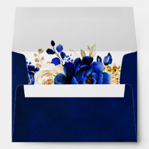 Royal Blue Yellow Gold Metallic Floral Wedding Envelope