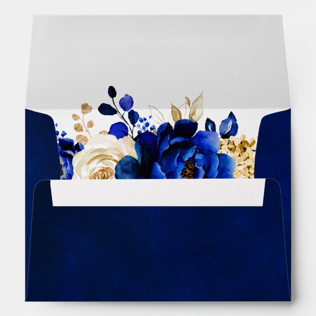Royal Blue Yellow Gold Metallic Floral Wedding Envelope (Back (Bottom))