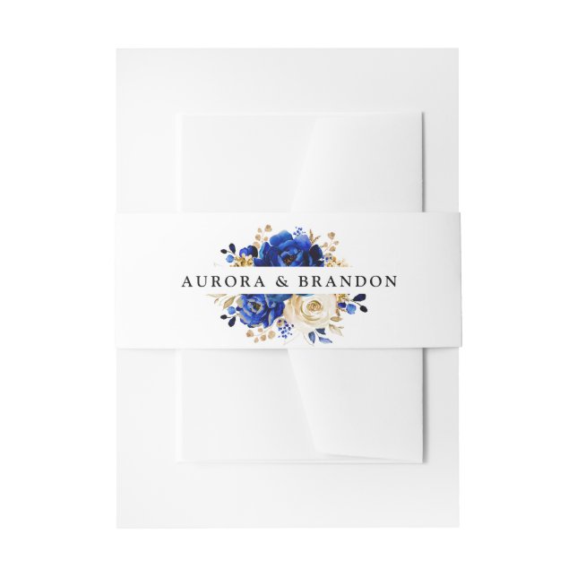 Royal Blue Yellow Gold Metallic Floral Wedding Invitation Belly Band (Front Example)
