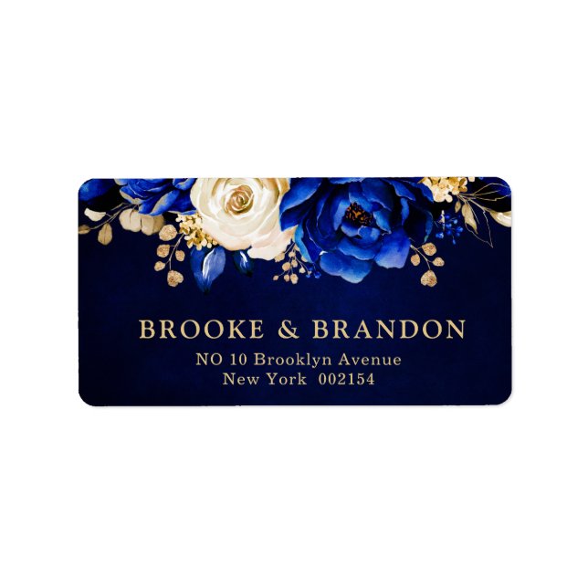 Royal Blue Yellow Gold Metallic Floral Wedding Lab Label (Front)