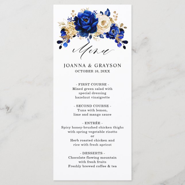 Royal Blue Yellow Gold Metallic Floral Wedding Menu (Front)