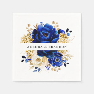 Royal Blue Yellow Gold Metallic Floral Wedding Napkin