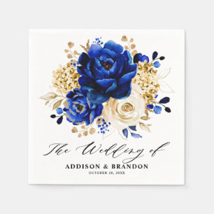 Royal Blue Yellow Gold Metallic Floral Wedding Napkin