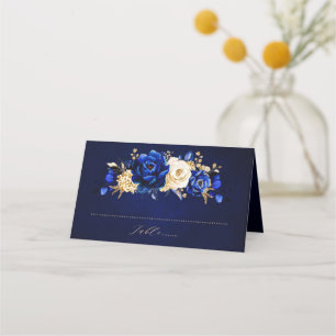 Royal Blue Yellow Gold Metallic Floral Wedding Pla Place Card