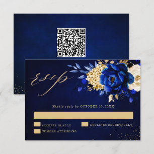 Royal Blue Yellow Gold Metallic Floral Wedding QR  RSVP Card