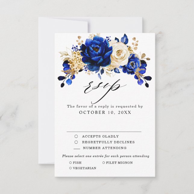 Royal Blue Yellow Gold Metallic Floral Wedding RSVP Card (Front)