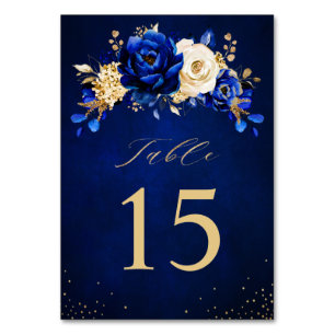 Royal Blue Yellow Gold Metallic Floral Wedding Table Number