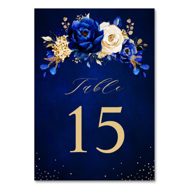 Royal Blue Yellow Gold Metallic Floral Wedding Table Number (Front)