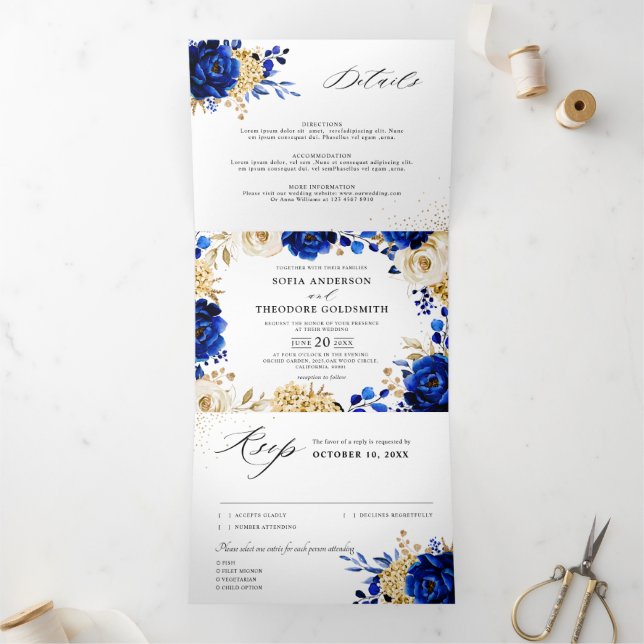 Royal Blue Yellow Gold Metallic Floral Wedding Tri-Fold Announcement (Inside)