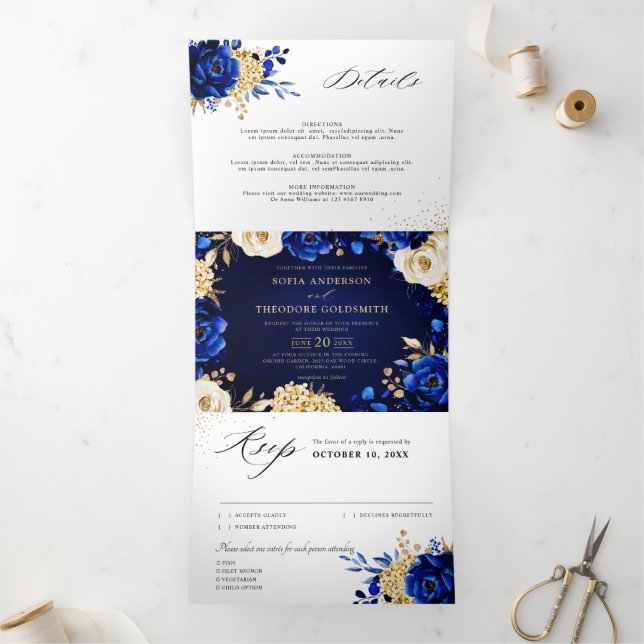 Royal Blue Yellow Gold Metallic Floral Wedding Tri Tri-Fold Announcement (Inside)