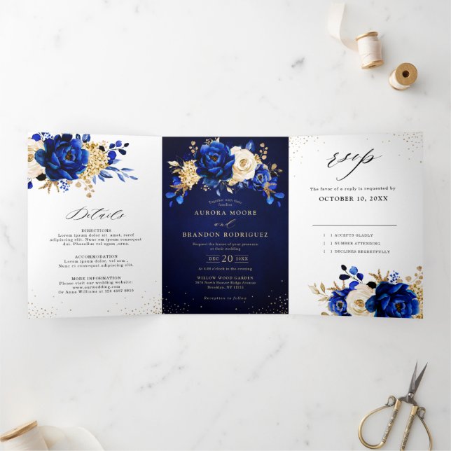 Royal Blue Yellow Gold Metallic Floral Wedding Tri Tri-Fold Announcement (Inside)
