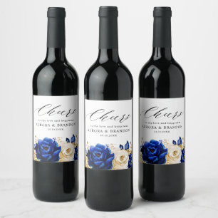 Royal Blue Yellow Gold Metallic Floral Wedding Wine Label