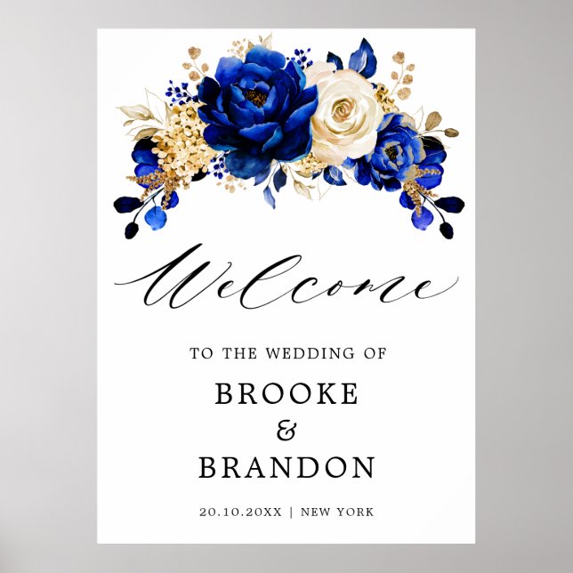 Royal Blue Yellow Gold Metallic Wedding Welcome Poster (Front)