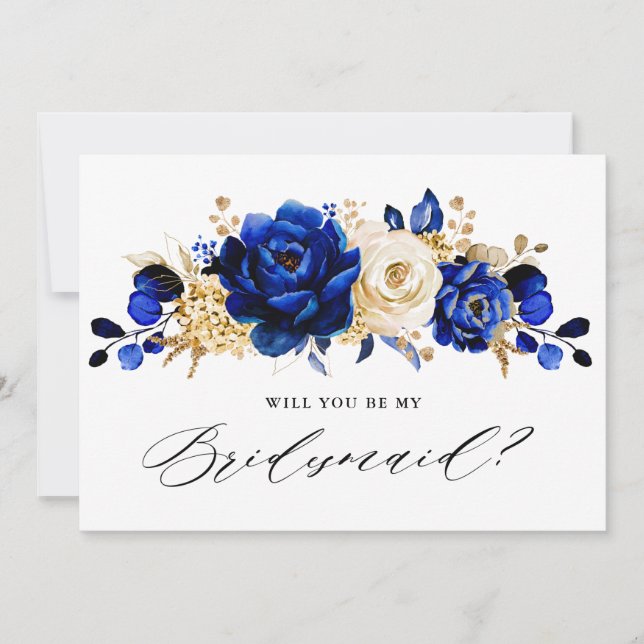 Royal Blue Yellow Gold Will you be my Bridesmaid Invitation (Front)