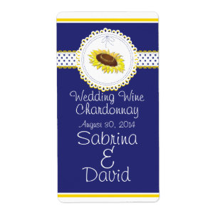 Royal Blue Yellow Sunflowers Wedding Wine Label