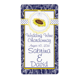 Royal Blue Yellow Sunflowers Wedding Wine Label