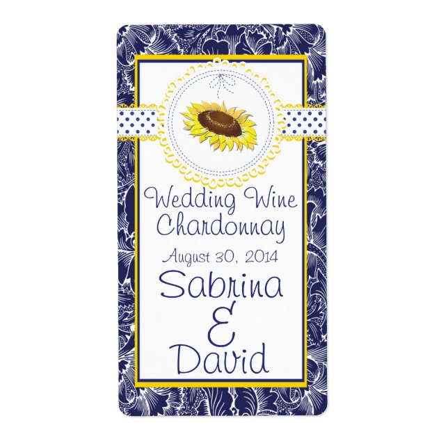 Royal Blue Yellow Sunflowers Wedding Wine Label (Front)