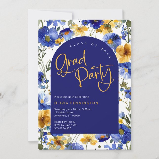 Royal Blue Yellow Wildflower Grad Party Invitation (Front)