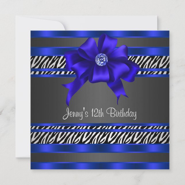 Royal Blue Zebra Girls 12th Birthday Party Invitation (Front)