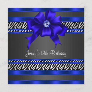 Royal Blue Zebra Girls 13th Birthday Party Invitation