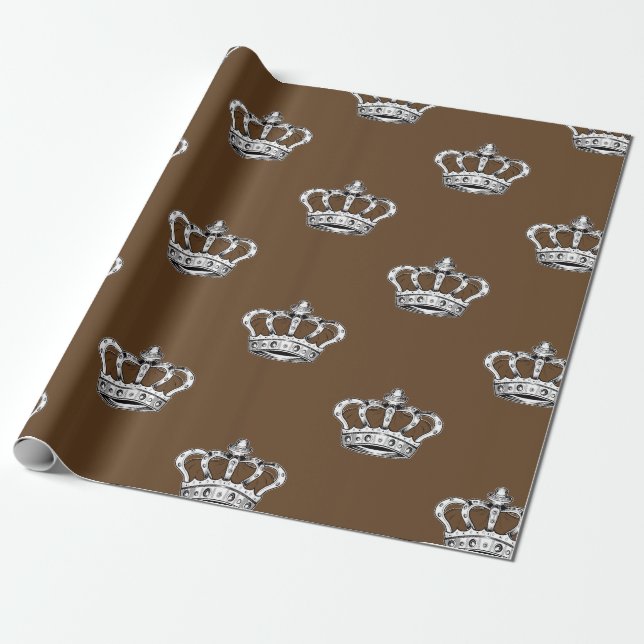 Royal Brown Crown Pattern on Warm Brown Background Wrapping Paper (Unrolled)