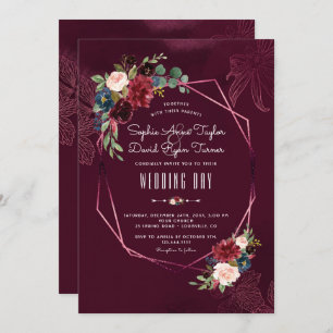 Royal Burgundy Blush Floral Geometric Wedding Invitation