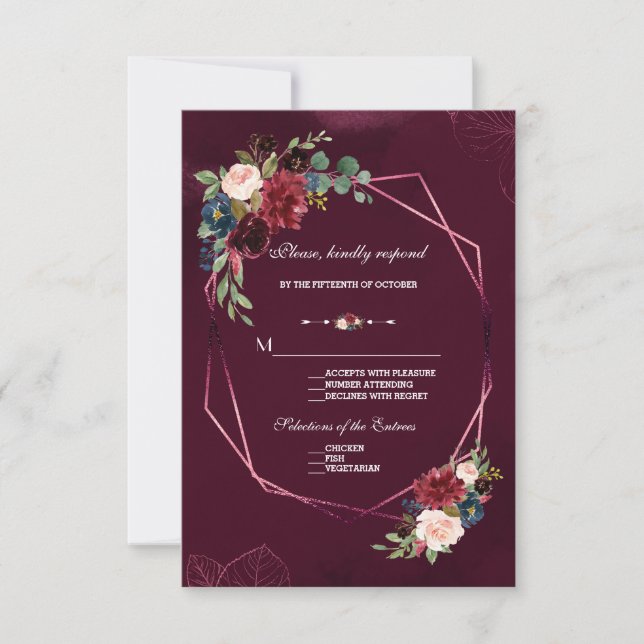 Royal Burgundy Blush Floral Geometric Wedding RSVP Card (Front)