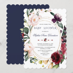 Royal Burgundy Blush Flowers Blue Gold Wedding Invitation