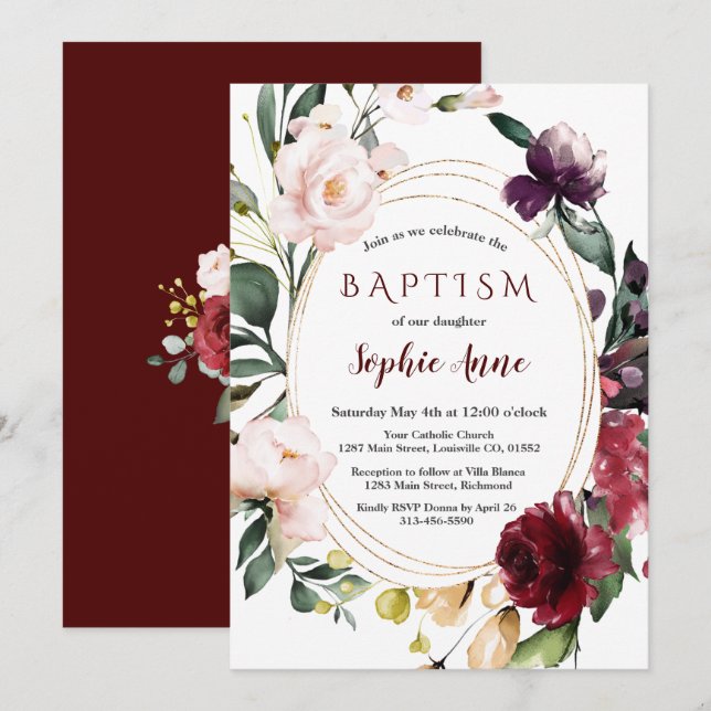 Royal Burgundy Blush Flowers Gold Girl Baptism Invitation (Front/Back)