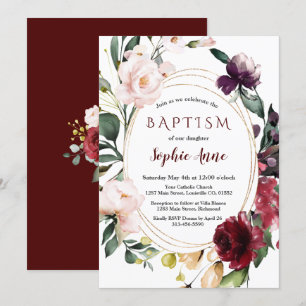 Royal Burgundy Blush Flowers Gold Girl Baptism Invitation